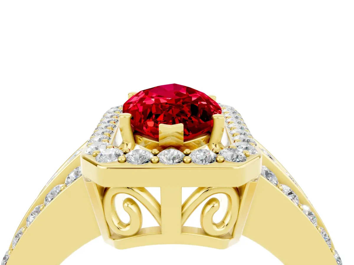 Marquise Cut Halo Ruby Ring with Round Split Shank and Prong Setting Yellow gold
