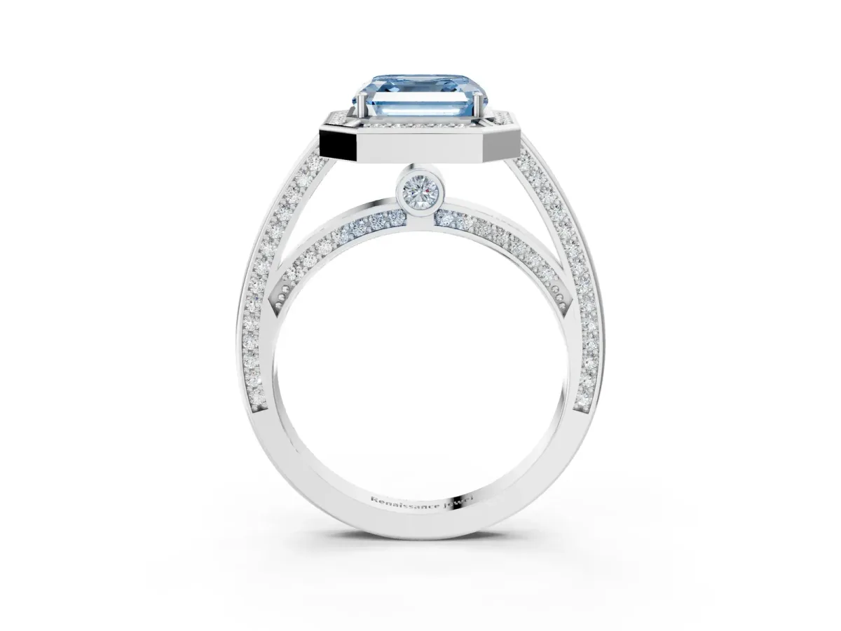 Fancy Blue Asscher Cut Cut Halo Pave Split Shank Prong Setting Ring Platinum