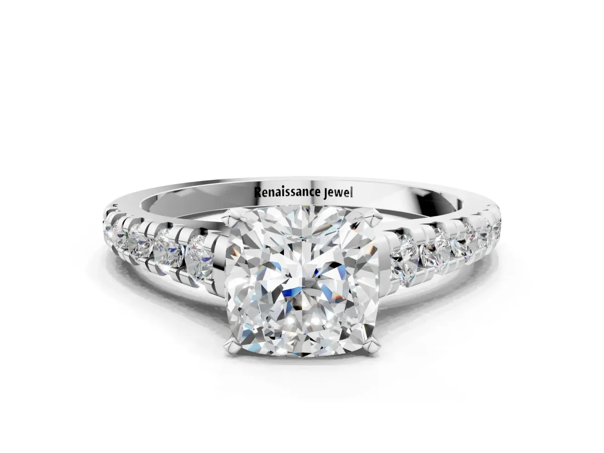 Cushion Cut Diamond Cathedral Solitaire Ring with Round Pavé Band Platinum
