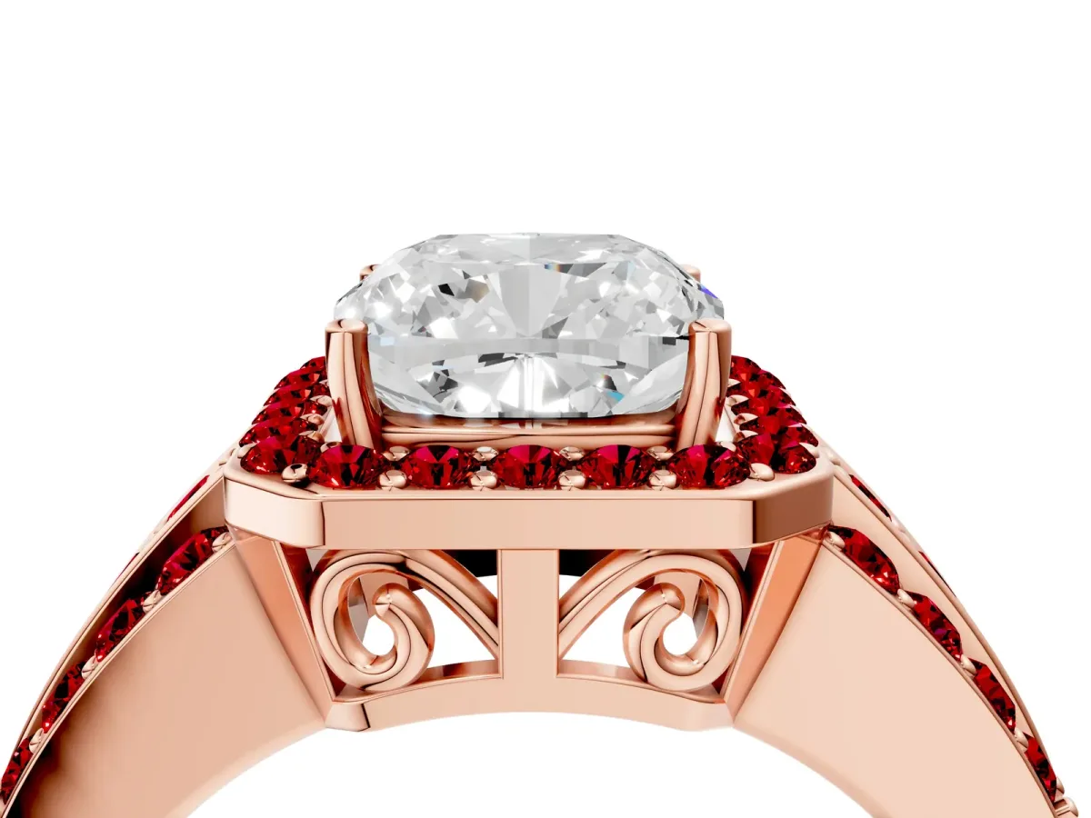 Cushion Cut Halo Diamond Ring with Round Ruby Split Shank and Prong Setting Rose gold