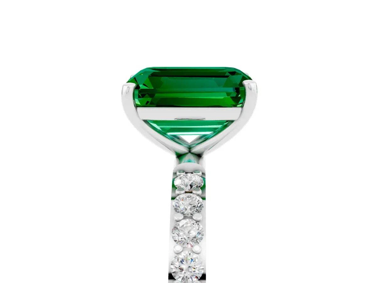 Emerald Cut Emerald Solitaire Ring with Round Pavé Band and Prong Setting Platinum