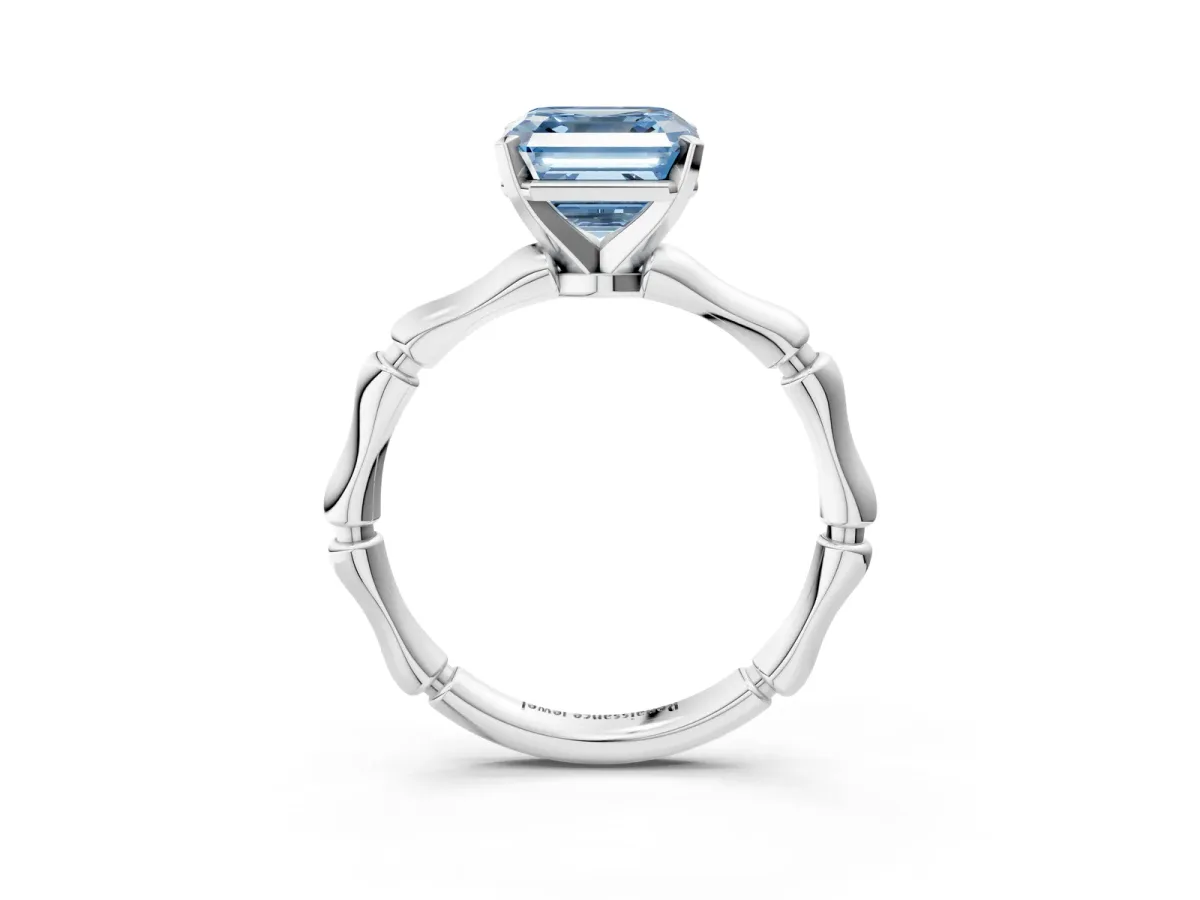 Fancy Blue Asscher Cut Solitaire Diamond Ring with Bamboo Band and Four-Prong Setting Platinum