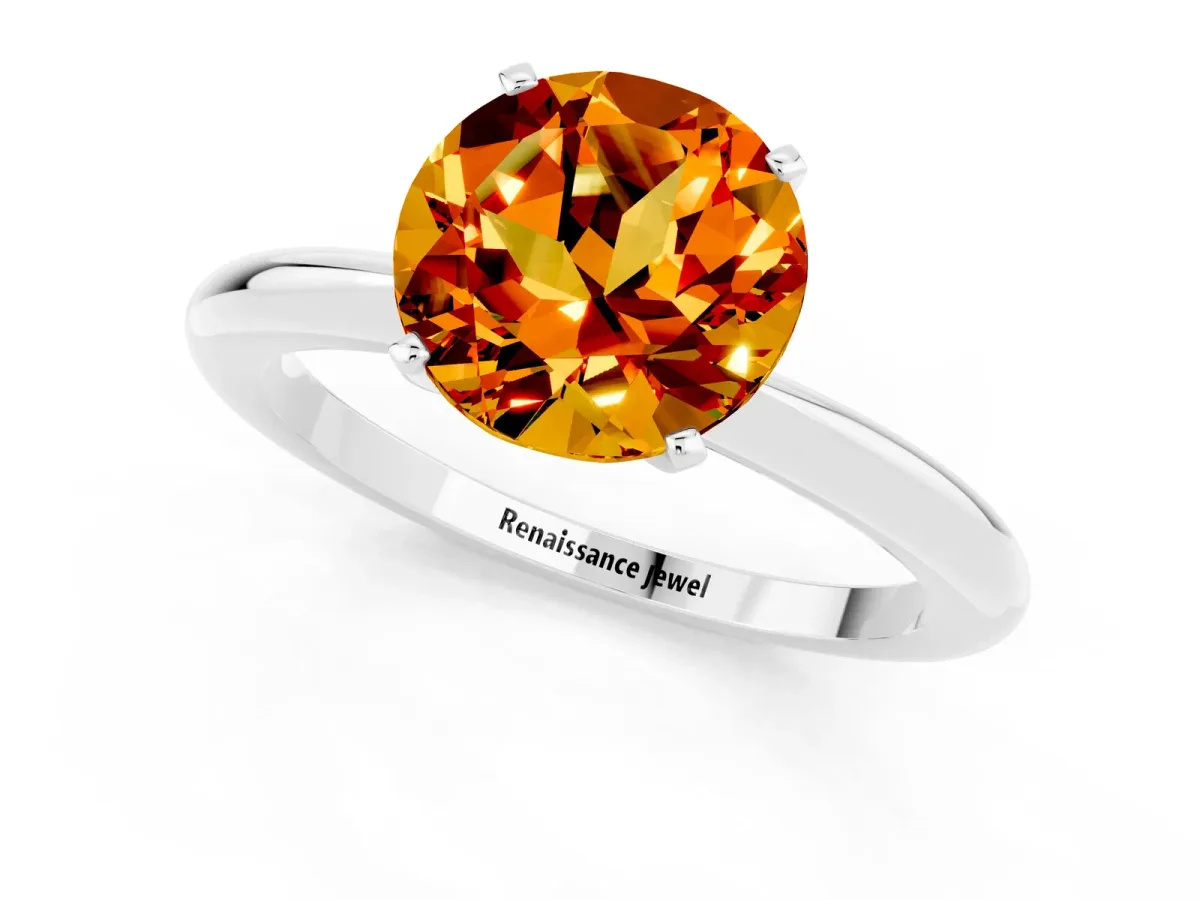 Round Cut Citrine Solitaire Ring with Six-Prong Setting and Classic Band Silver