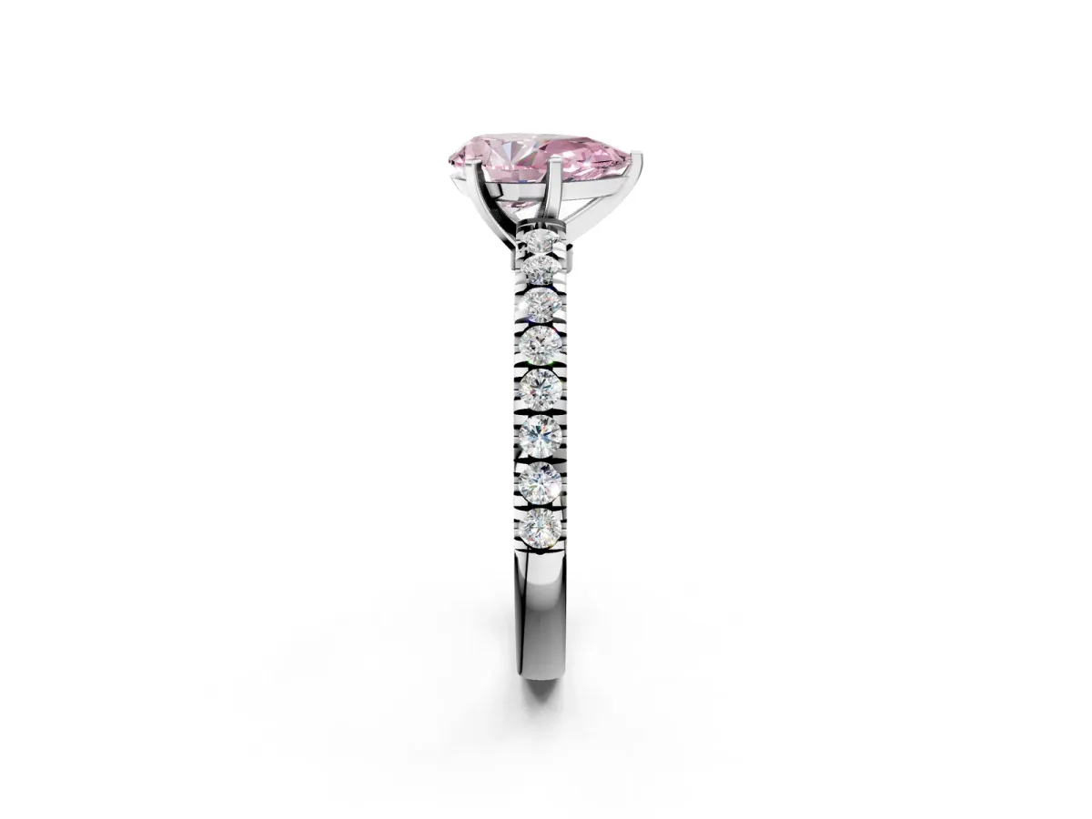 Fancy Pink Pear Cut Solitaire Diamond with Pavé Band and Four-Prong Setting Silver