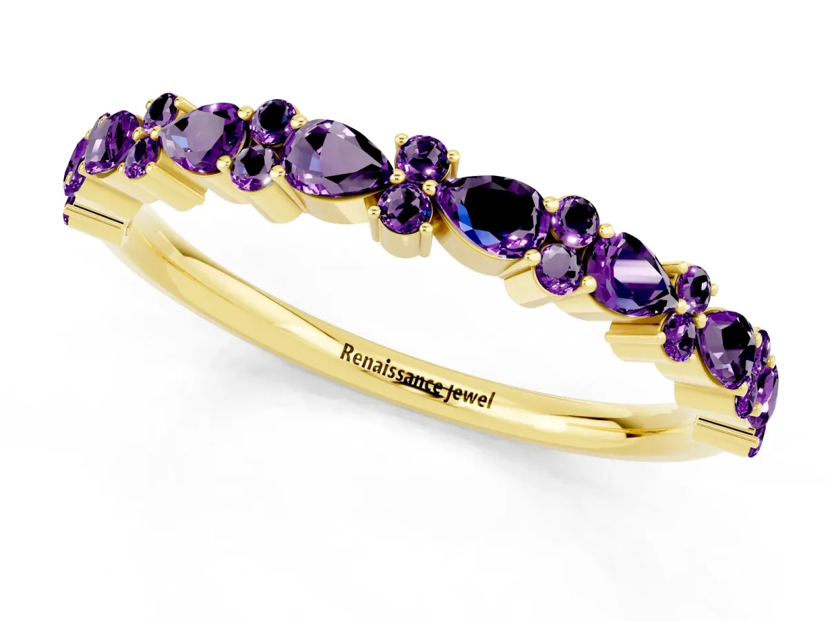 Pear and Round Amethyst Wedding Band Yellow gold