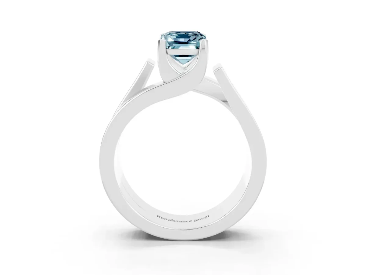 Modern Tension Set Emerald Cut Aquamarine Solitaire Wide Band Ring Silver