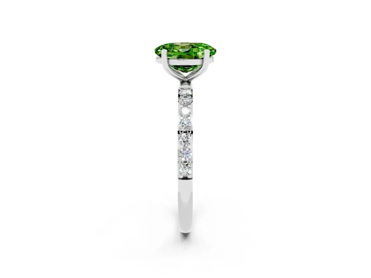 Oval Cut Peridot Solitaire Ring with Round Pavé Band and Prong Setting Silver