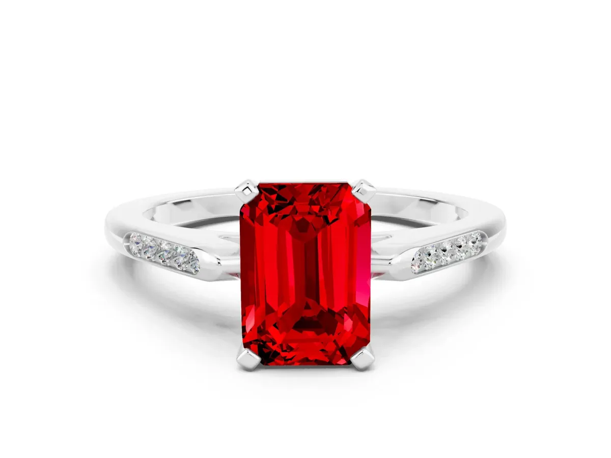 Emerald Cut Ruby Solitaire Ring with Channel Set Round Band and Prong Setting White gold