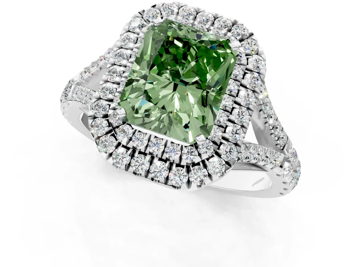 Fancy Green Radiant Cut Cut Double Halo Split Shank Diamond Ring with Prong Setting Platinum
