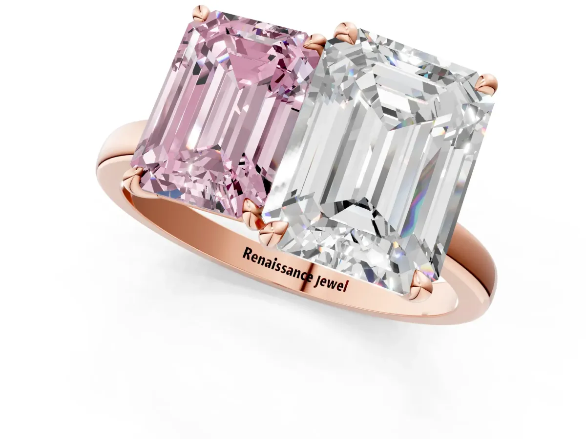 Fancy Pink Emerald Cut and Emerald Cut Toi Moi Ring with Prong Setting Rose gold