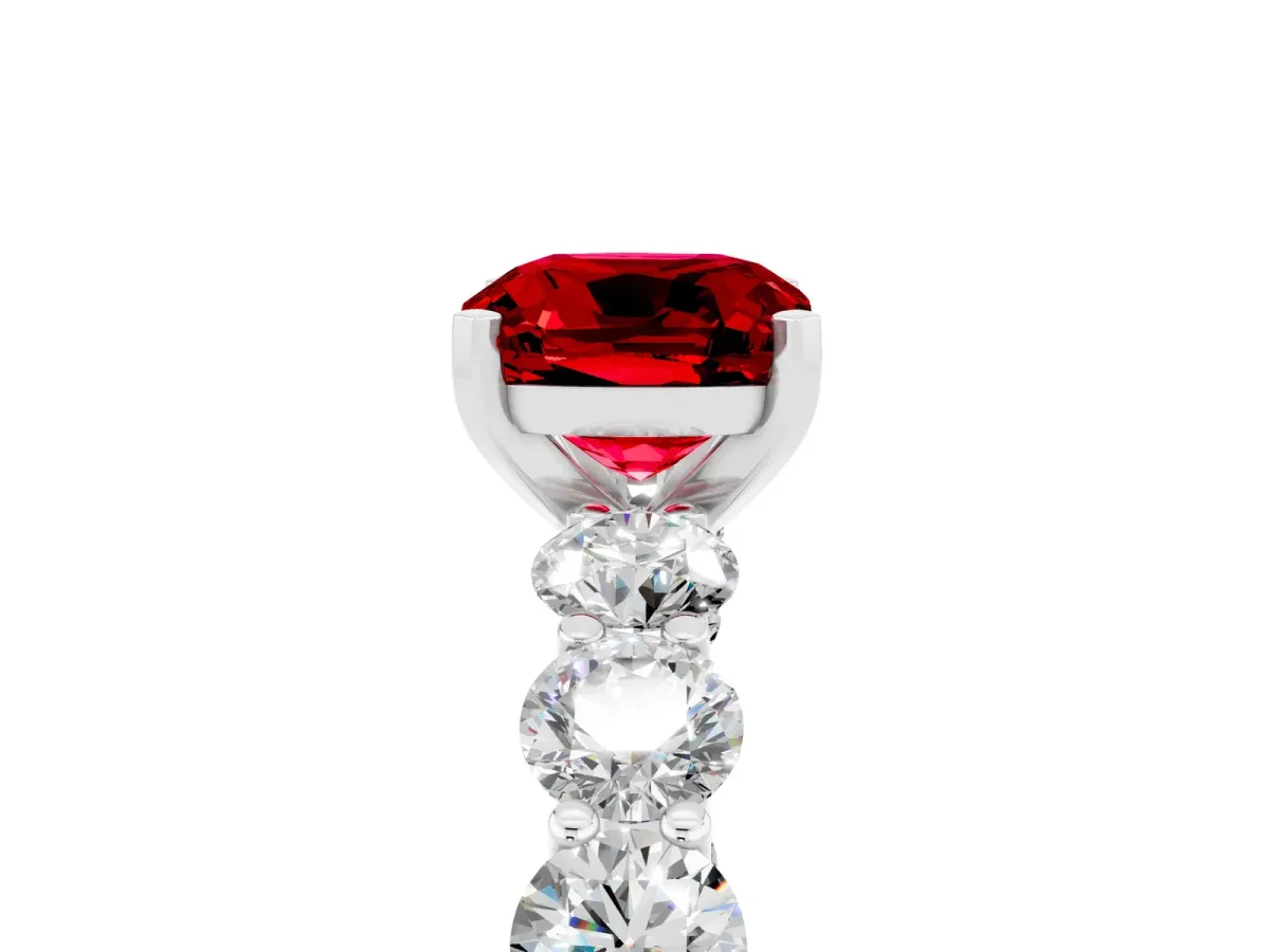 Cushion Cut Ruby Prong Setting with Side Stones on a Pave Band Silver