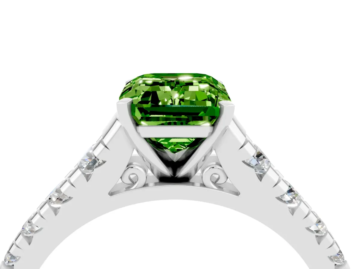 Emerald Cut Peridot Cathedral Solitaire Ring with Round Pavé Band Silver