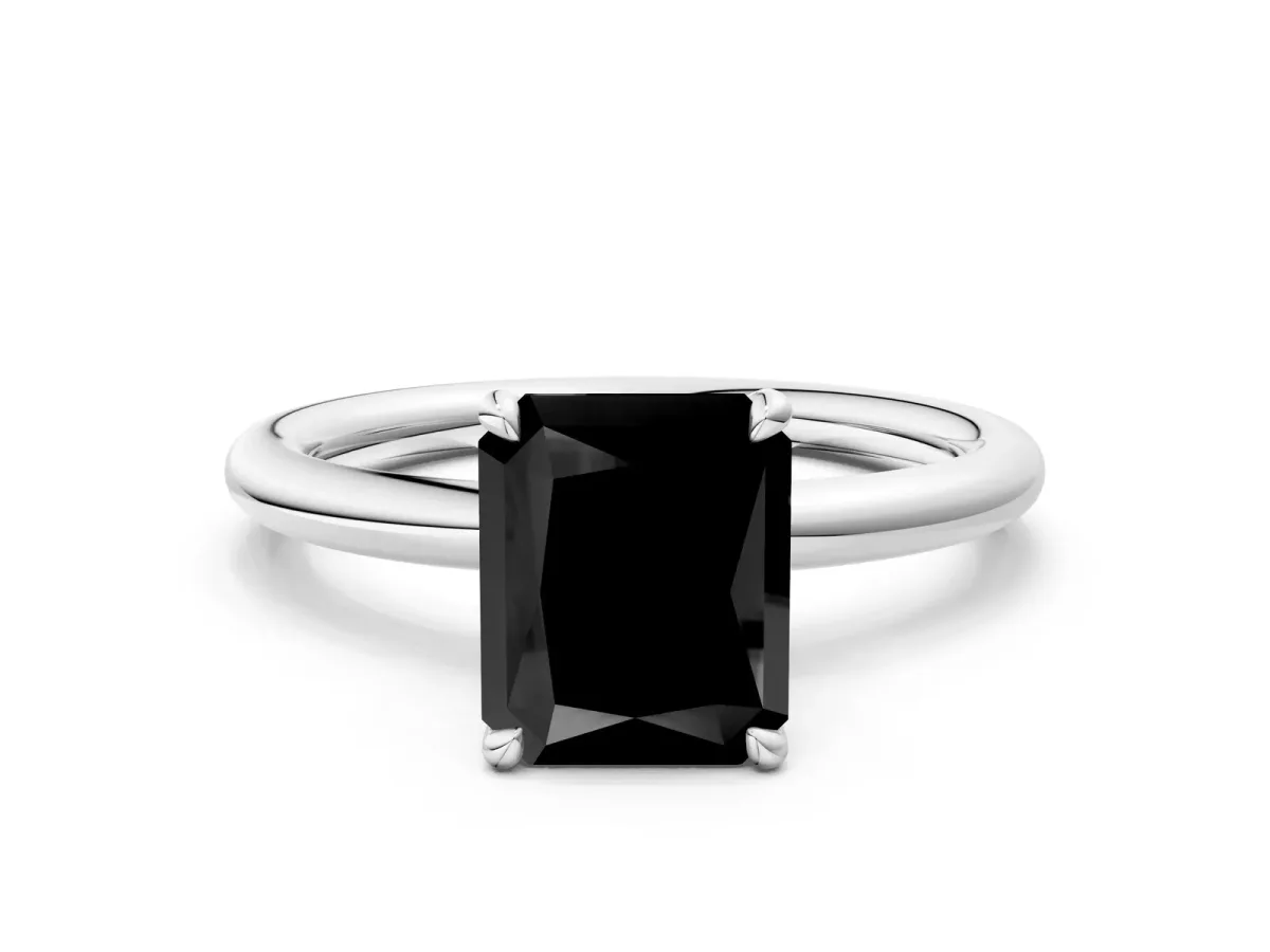 Fancy Black Radiant Cut Diamond Solitaire Ring with Thin Band and Four-Prong Setting Platinum