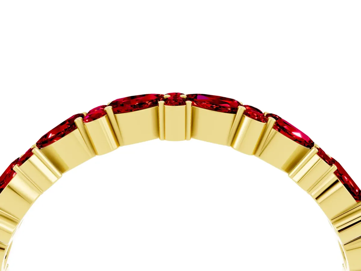 Pear and Round Ruby Wedding Band Yellow gold