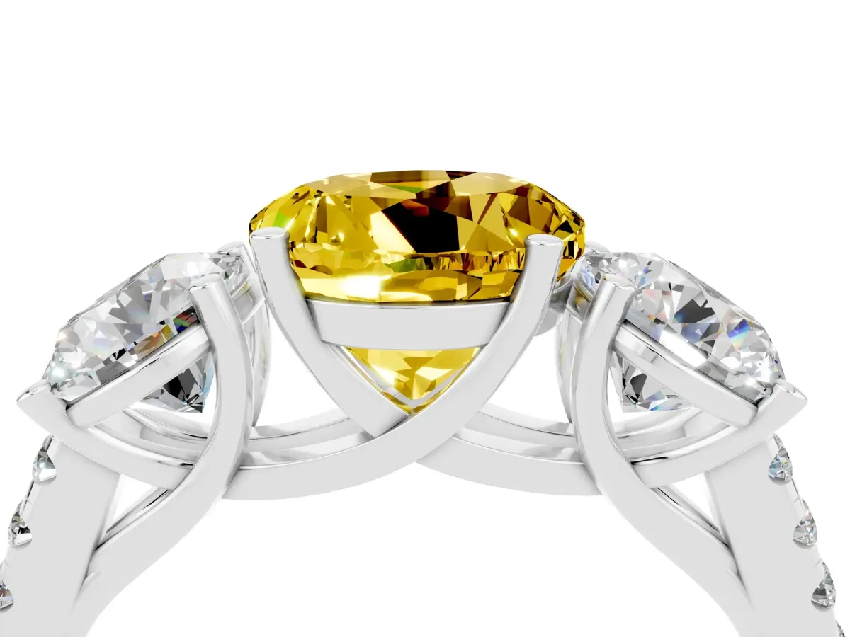 Three-Stone Round Cut Yellow Sapphire Ring with Round Pavé Band and Prong Setting Silver