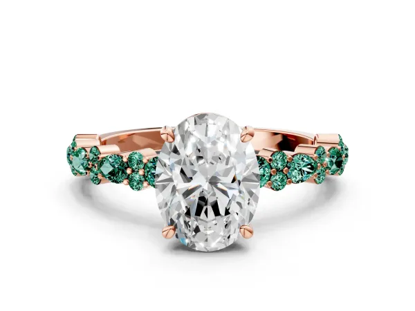Oval Cut Diamond Side Stone Solitaire Ring with Round Green Sapphire and Four-Prong Setting Rose gold