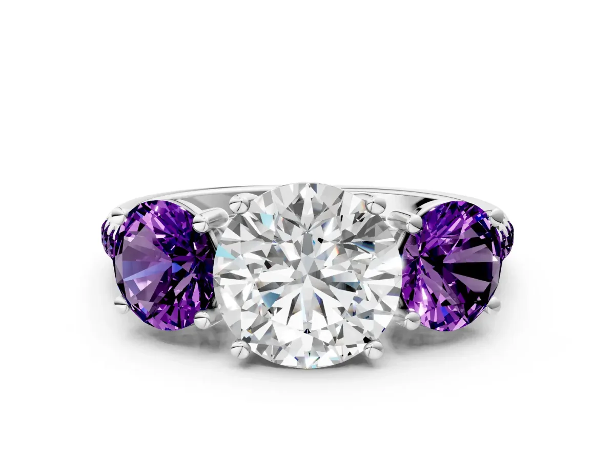 Three-Stone Round Cut Diamond Ring with Round Amethyst Pavé Band and Prong Setting Platinum