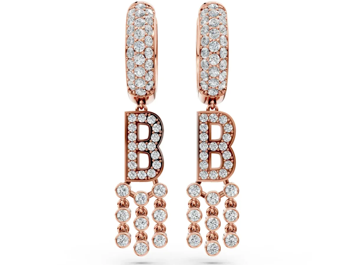 Round Diamond Initial B Huggie Hoop Earrings Rose gold