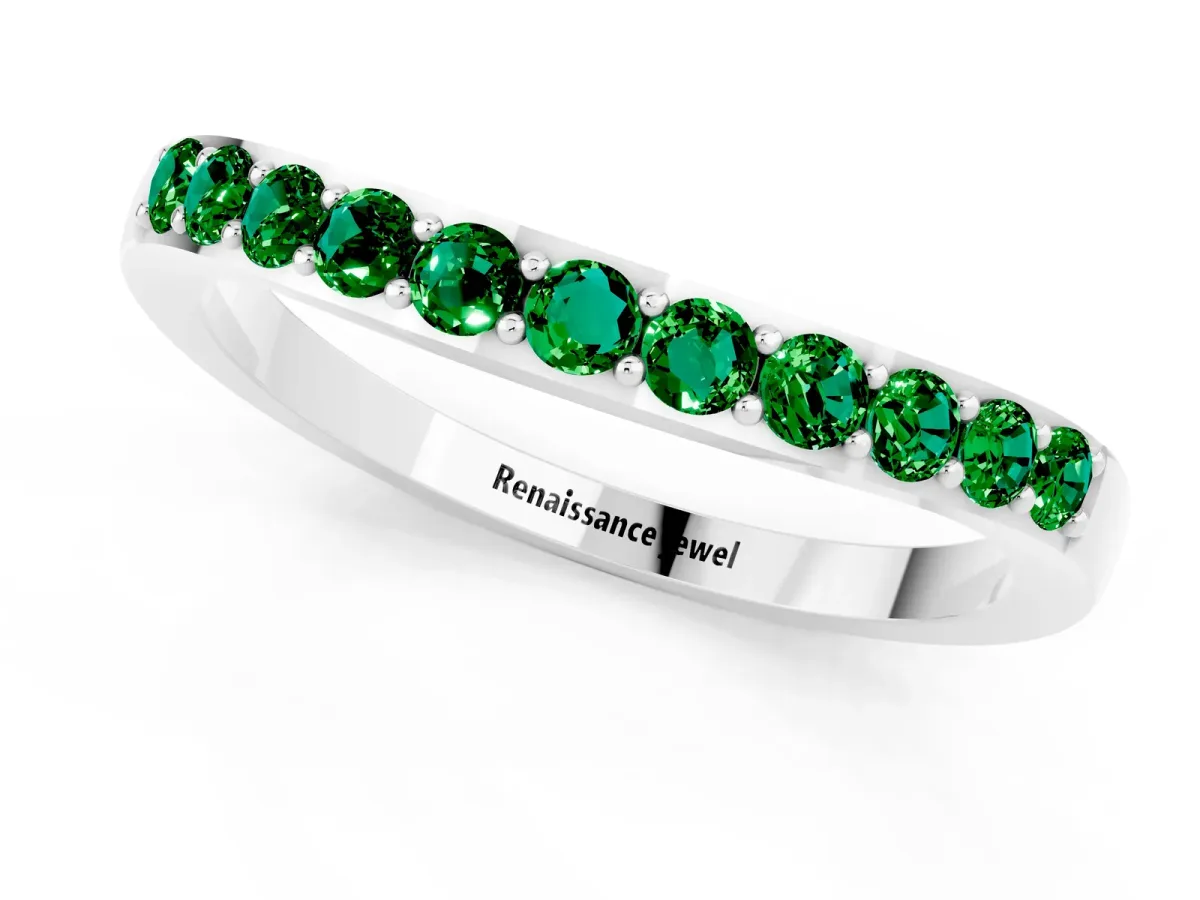 Round Emerald Curved Wedding Band with Channel Setting Silver