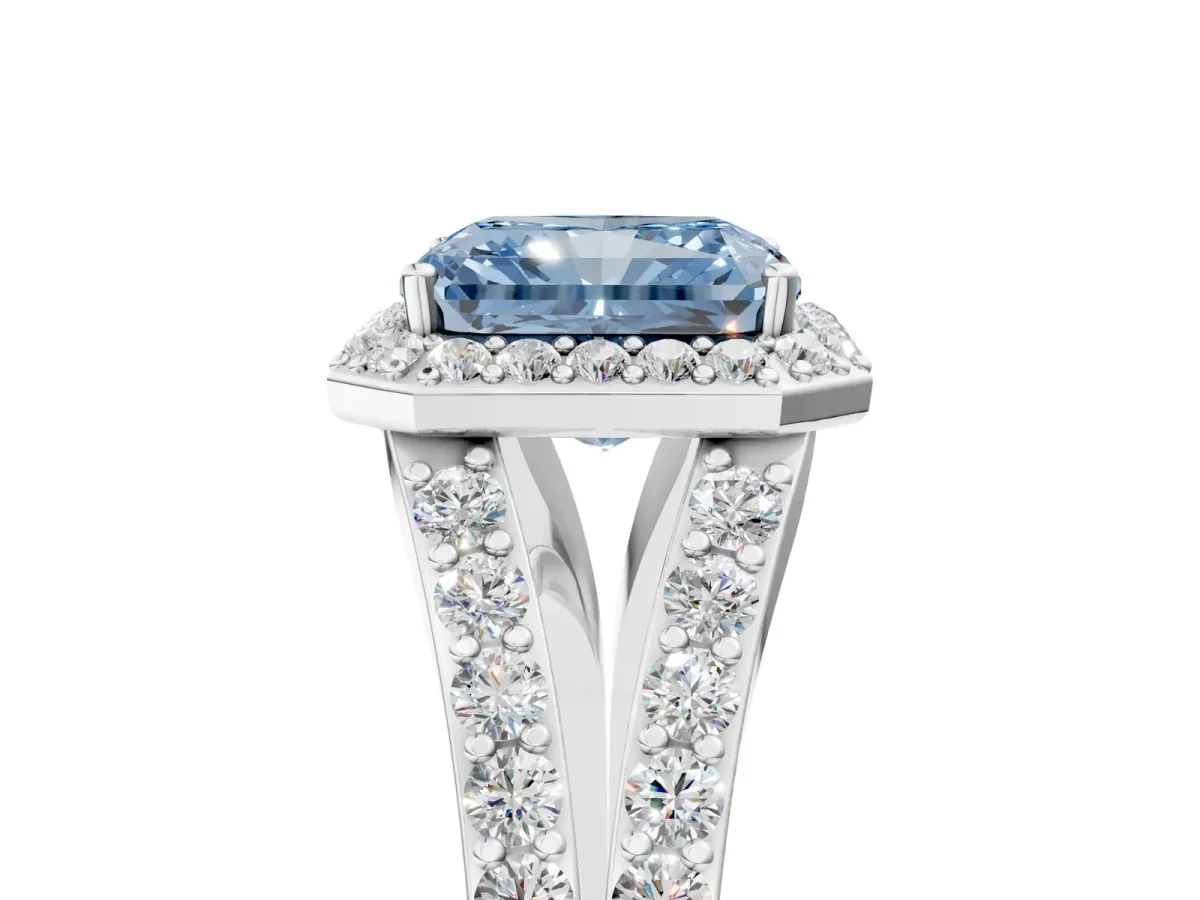 Fancy Blue Radiant Cut Diamond Split Shank Halo Ring with Four-Prong Setting Platinum