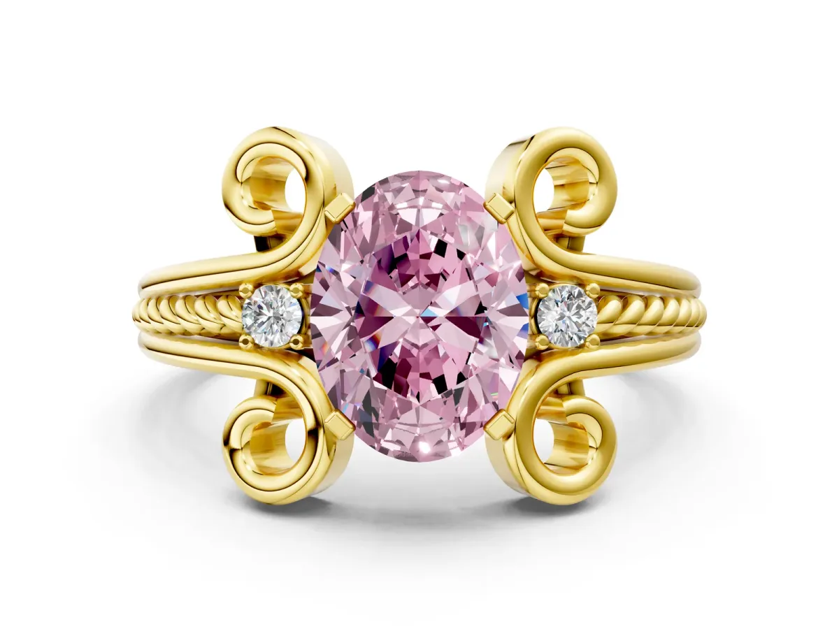 Fancy Pink Oval Cut Solitaire Twisted Band Scroll Prong Ring Yellow gold