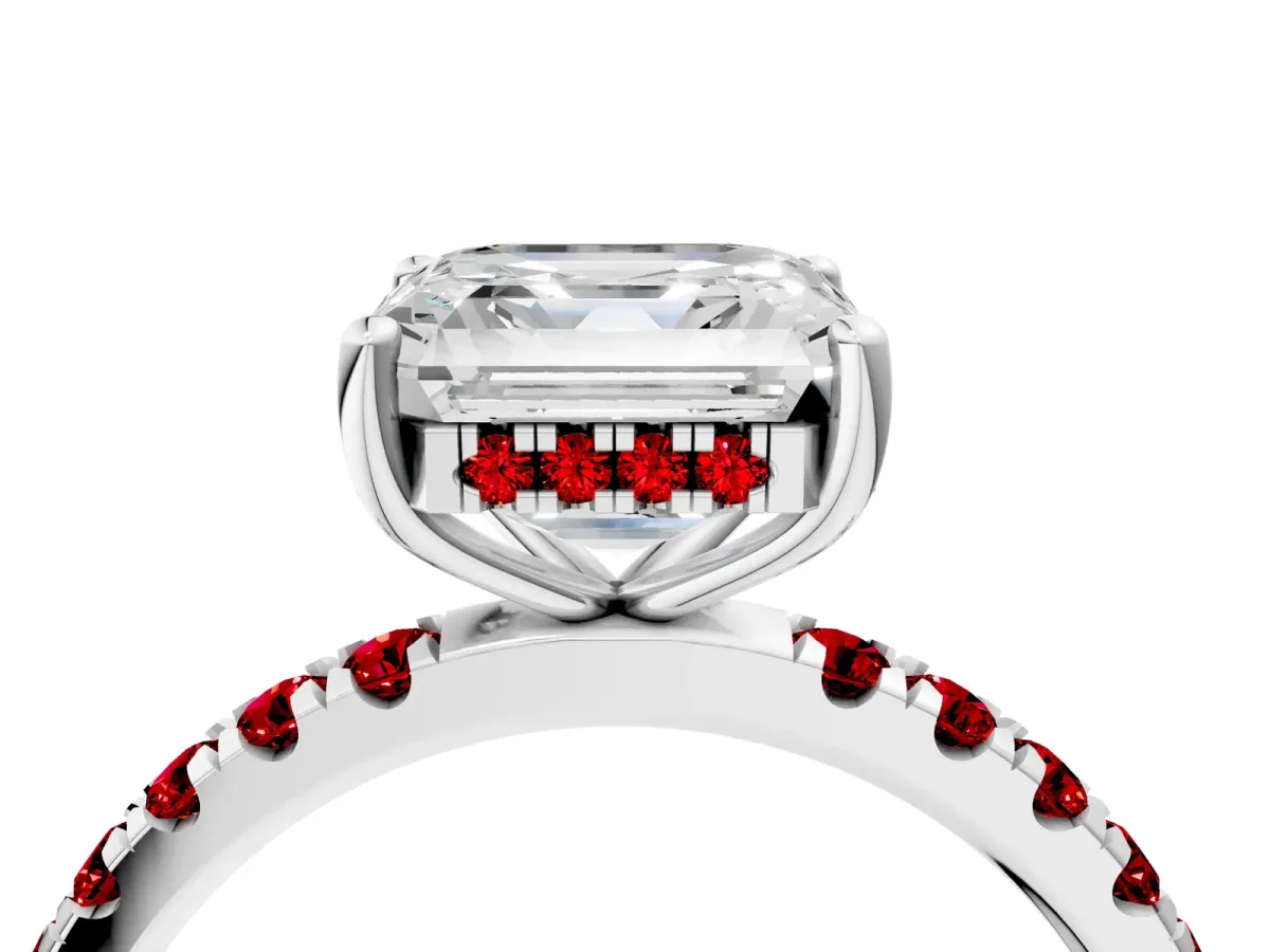 Asscher Cut Diamond Pave Band Solitaire Ring with Round Ruby and Prong Setting Silver