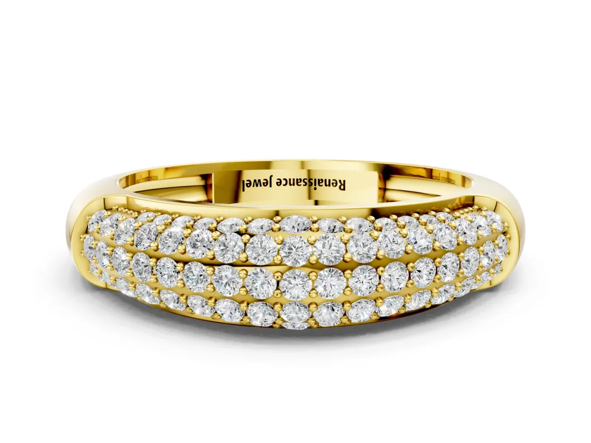 Three-Row Pavé Round Diamond Dome Band Yellow gold