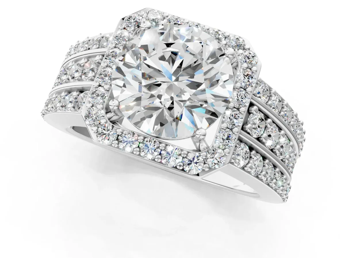 Round Cut Halo Diamond Ring with Round Split Shank and Prong Setting White gold