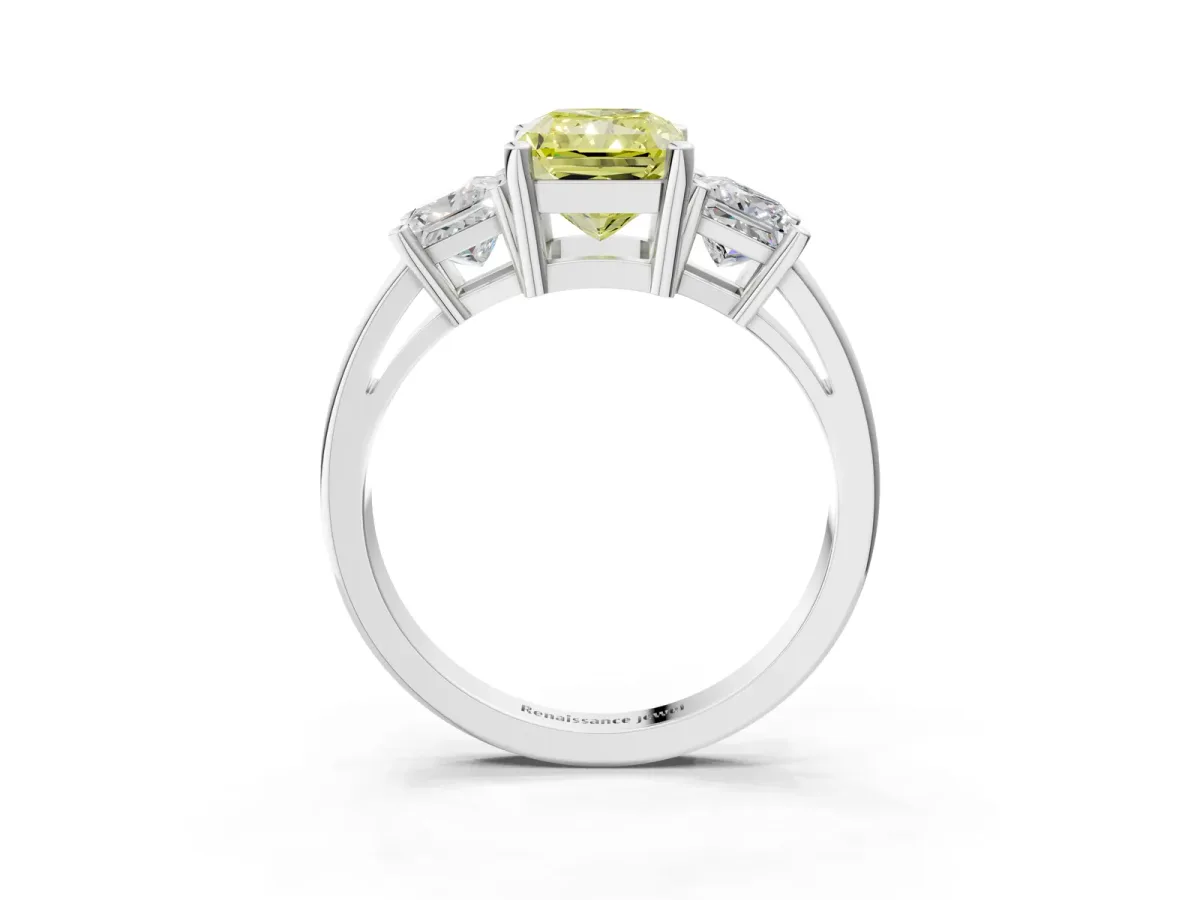 Fancy Yellow Three-Stone Radiant Cut Cut Solitaire Ring with Prong Setting Platinum