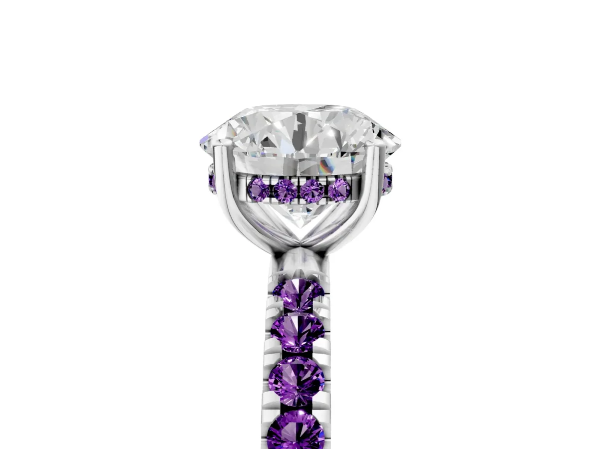 Round Cut Diamond Pave Band Solitaire Ring with Round Amethyst and Prong Setting Silver