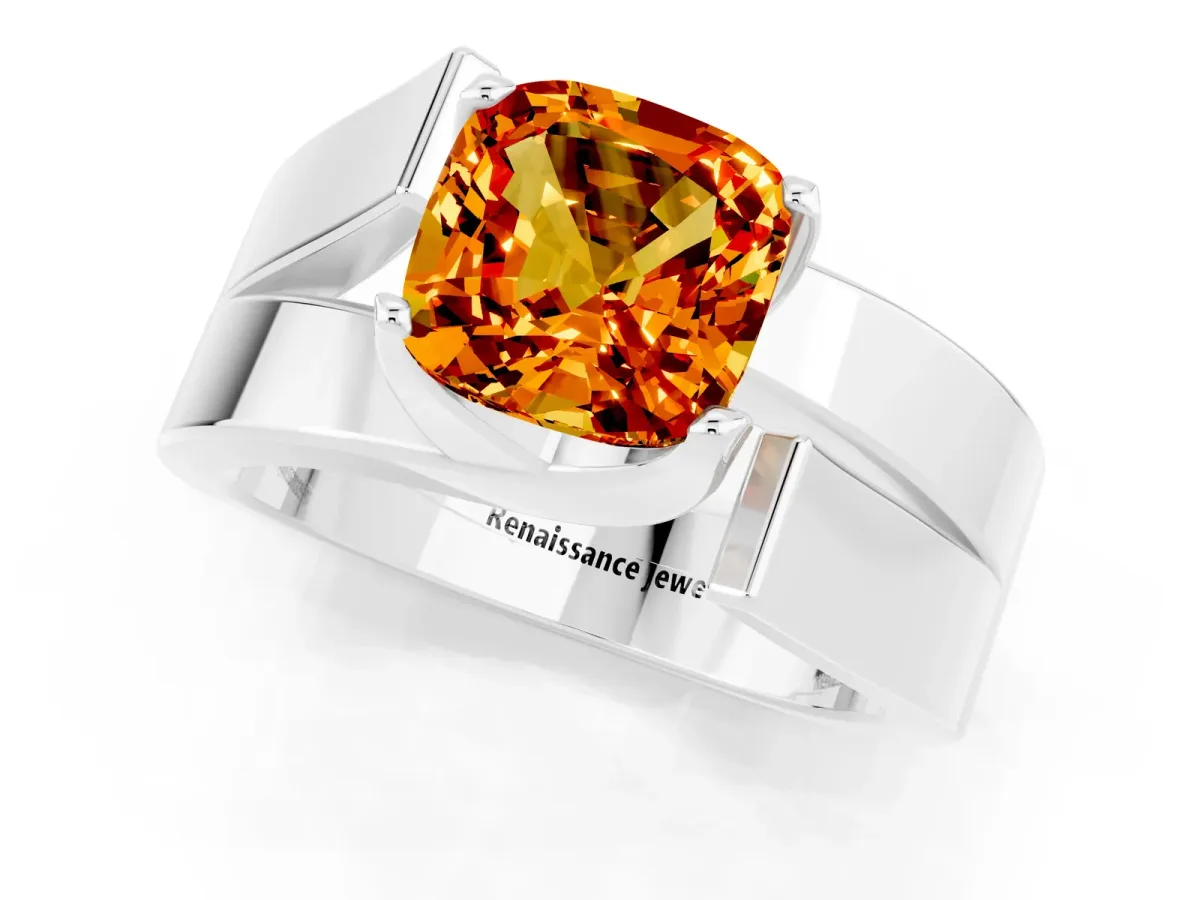 Modern Tension Set Cushion Cut Citrine Solitaire Wide Band Ring Silver