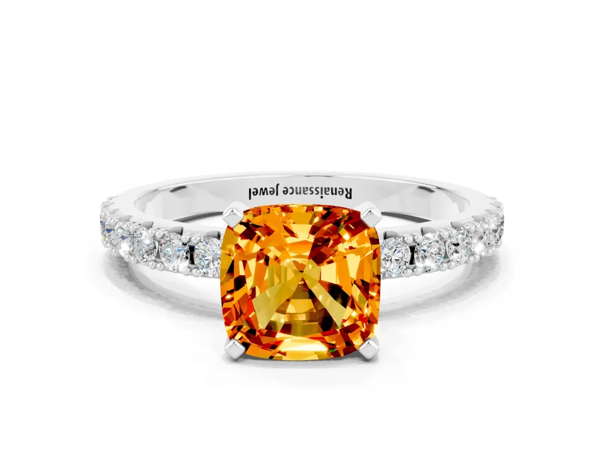 Cushion Cut Citrine Solitaire Pavé Band with Four-Prong Setting Silver