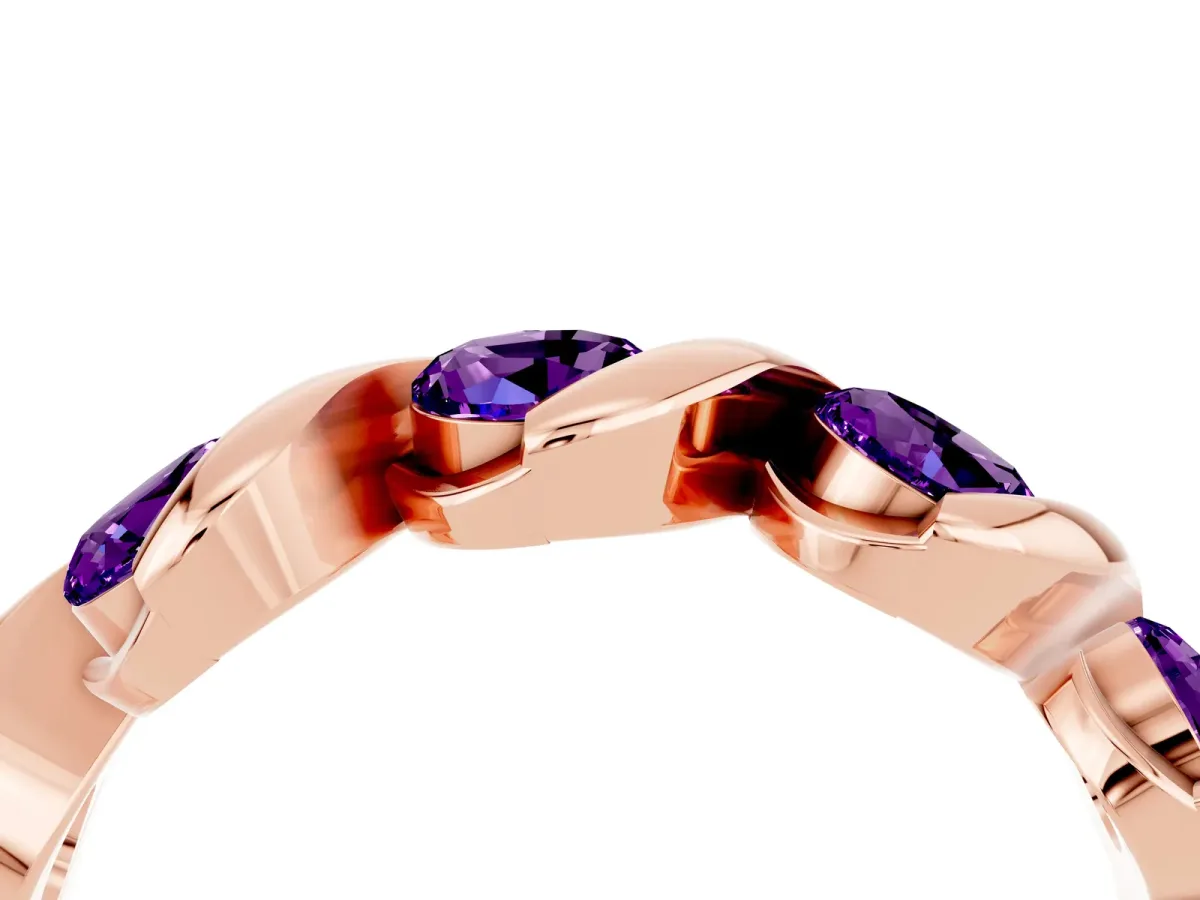 Round Amethyst Wave Band with Channel Setting and Shared Prongs Rose gold