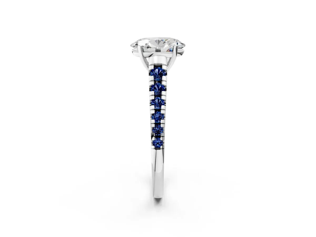 Oval Cut Diamond Cathedral Solitaire Ring with Round Blue Sapphire Pavé Band Silver