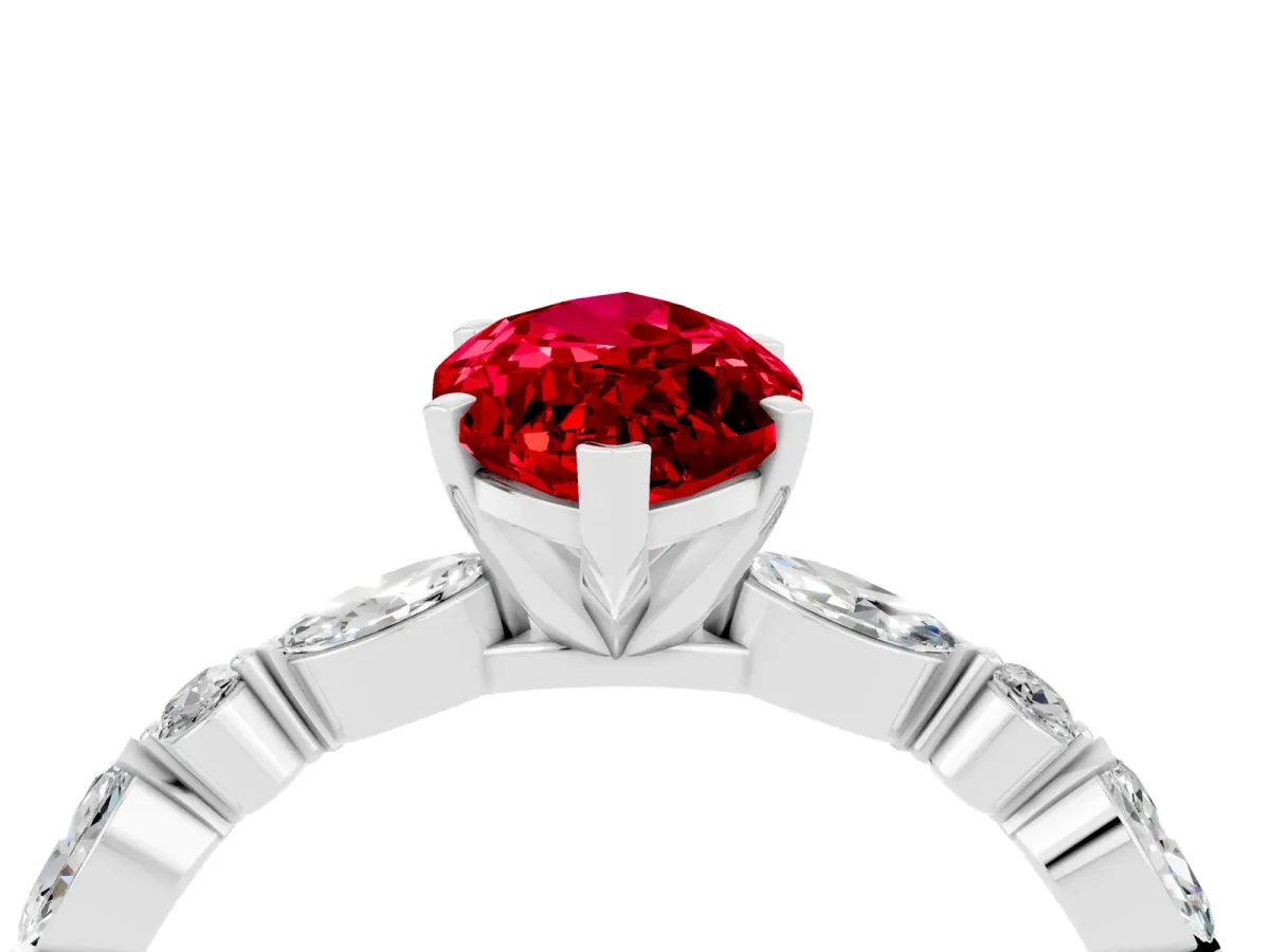 Marquise Cut Ruby Ring with Marquise and Round Side Stones and Four-Prong Setting Silver