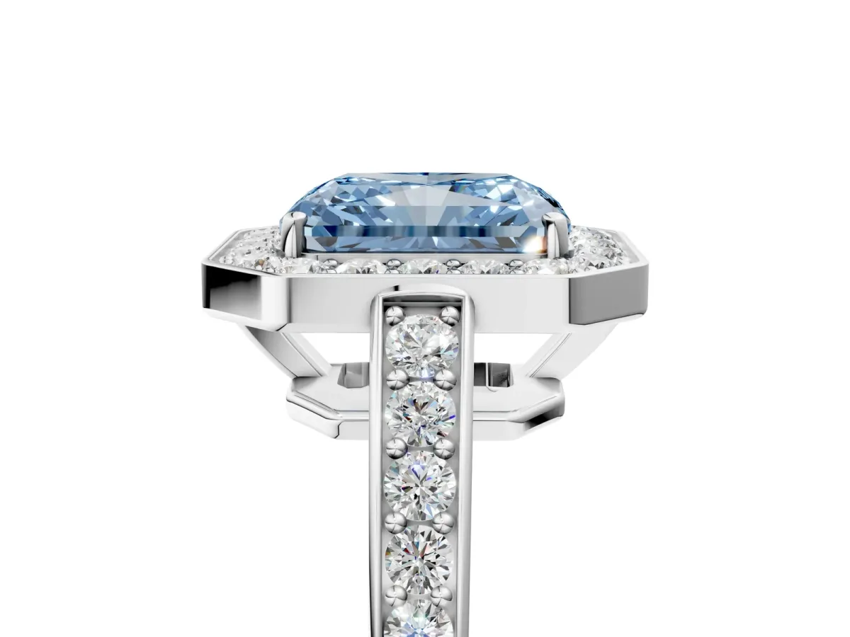 Fancy Blue Radiant Cut Halo Pavé Diamond Engagement Ring with Bezel Setting Silver