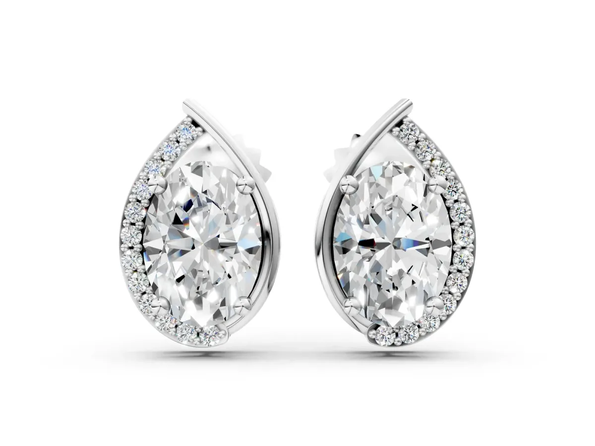 Oval Diamond Teardrop Framed Stud Earrings Silver
