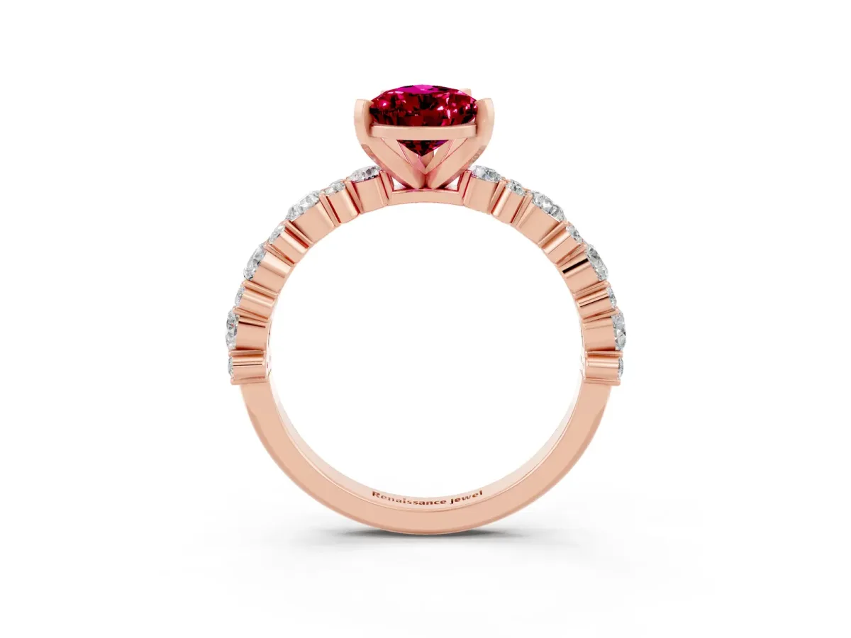 Pear Cut Garnet Side Stone Solitaire Ring with Round and Four-Prong Setting Rose gold
