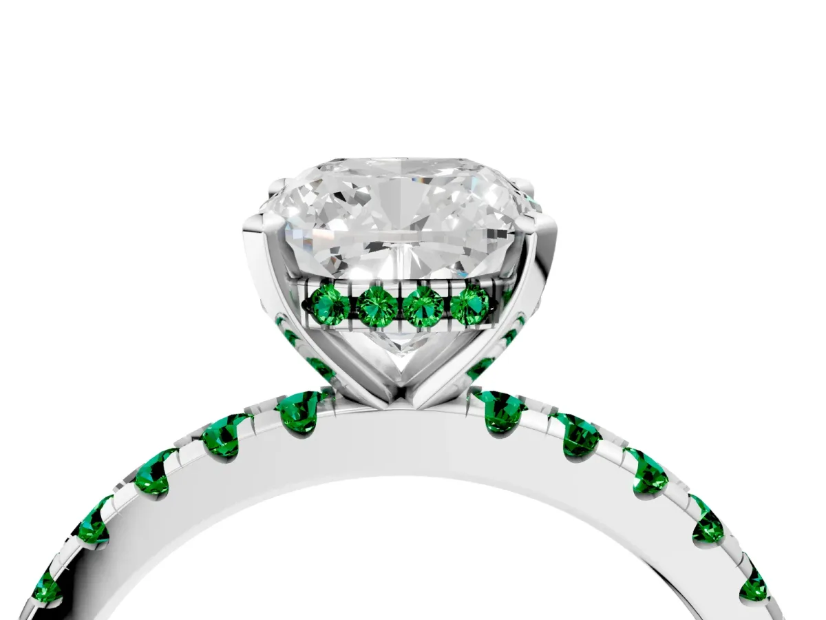 Cushion Cut Diamond Solitaire Ring with Round Emerald Pavé Band and Four-Prong Setting Silver