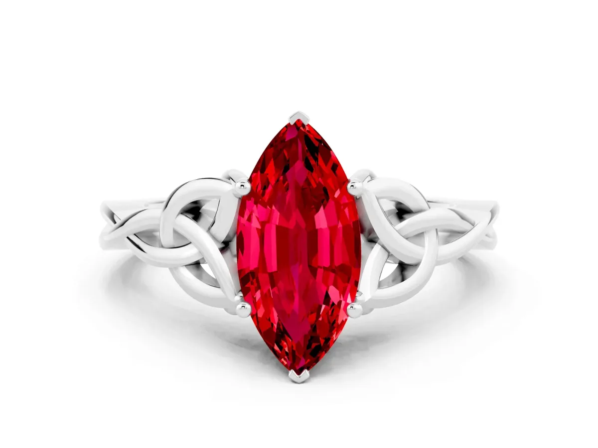 Marquise Cut Ruby Solitaire Celtic Knot Ring with Four-Prong Setting White gold