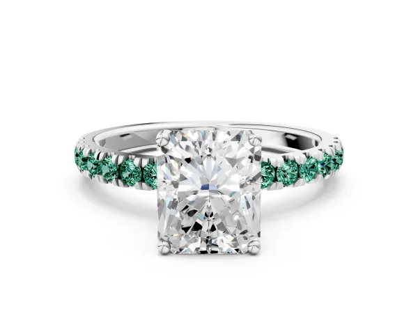 Radiant Cut Diamond Pave Band Solitaire Ring with Round Green Sapphire and Prong Setting Platinum