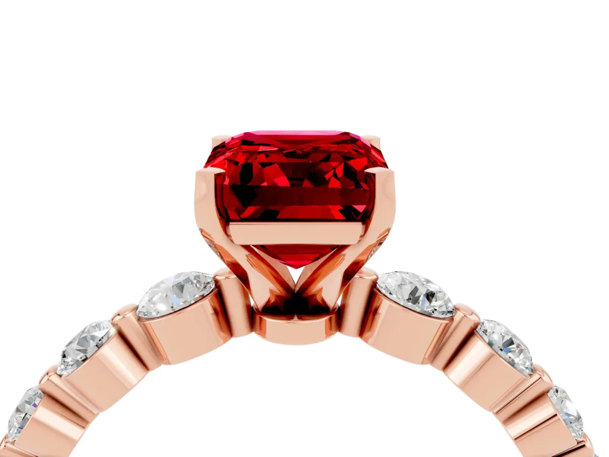 Emerald Cut Solitaire Ruby Ring with Pave Band and Four-Prong Setting Rose gold