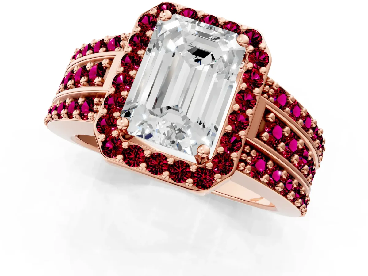 Emerald Cut Halo Diamond Ring with Round Garnet Split Shank and Prong Setting Rose gold