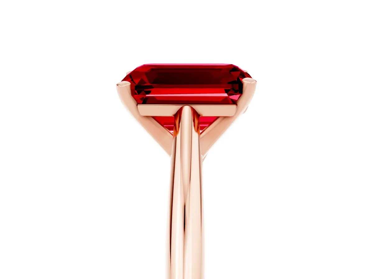 Emerald Cut Ruby Solitaire Engagement Ring with Cathedral Setting and Four-Prong Mount Rose gold