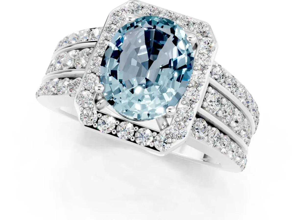 Oval Cut Halo Aquamarine Ring with Round Split Shank and Prong Setting Platinum