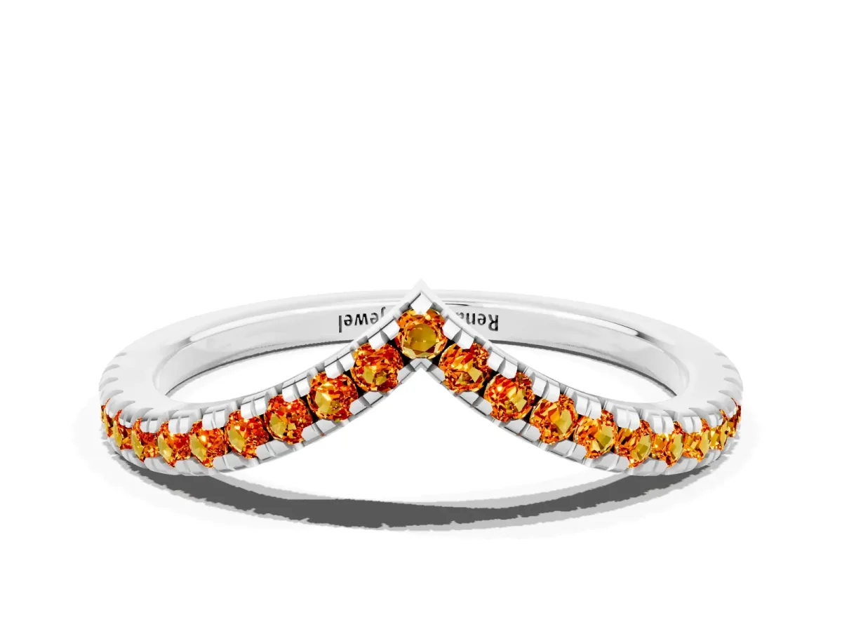 Pavé Round Citrine V-Shaped Chevron Band with Shared Prong Setting Platinum