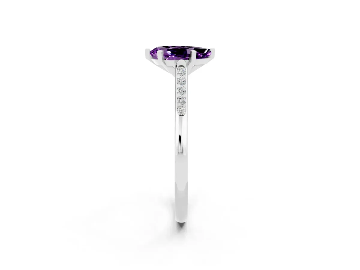 Pear Cut Amethyst Solitaire Ring with Channel Set Round Band and Prong Setting Silver
