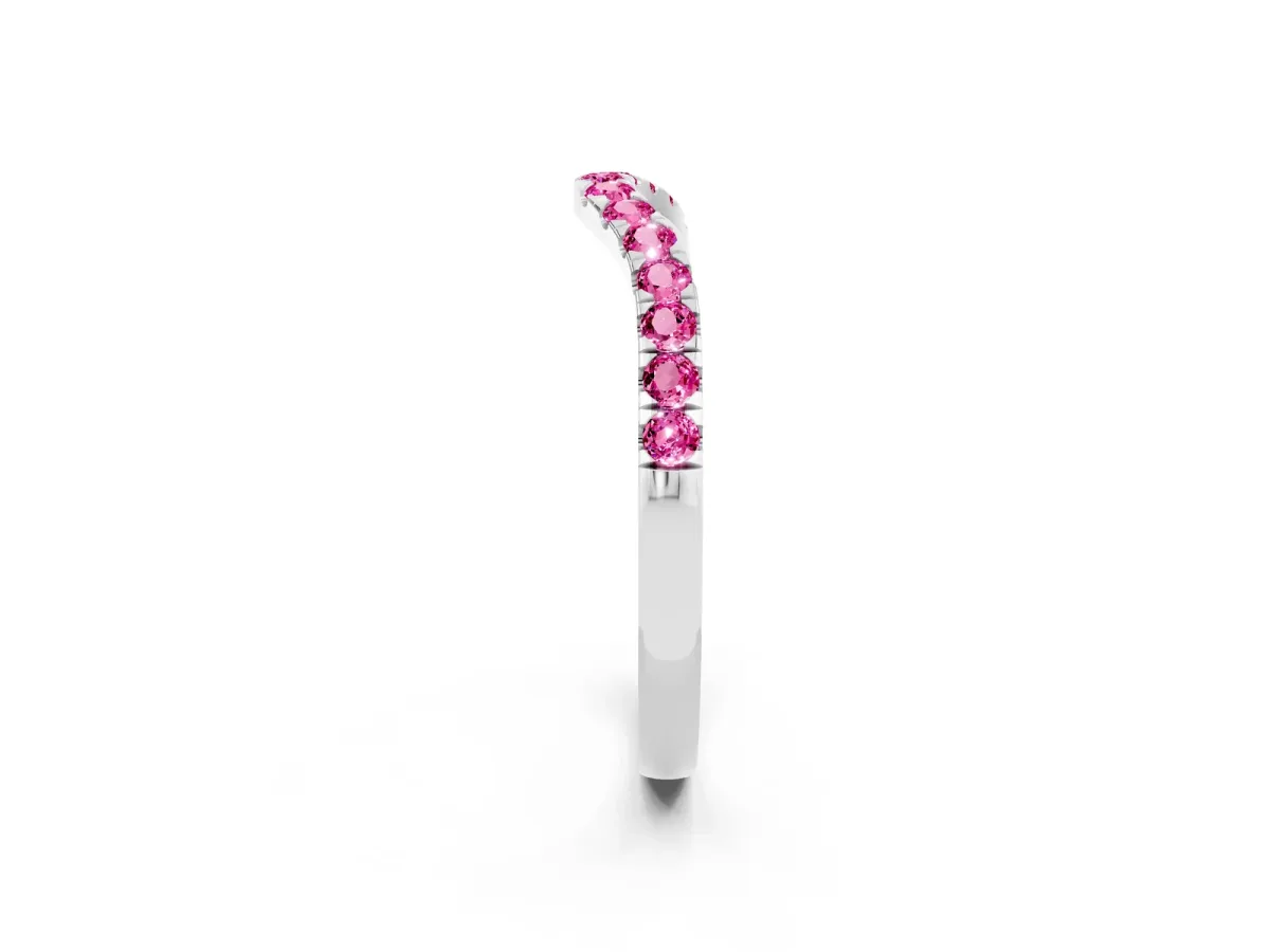Curved Pavé Round Pink Sapphire Wedding Band with Shared Prong Setting Platinum