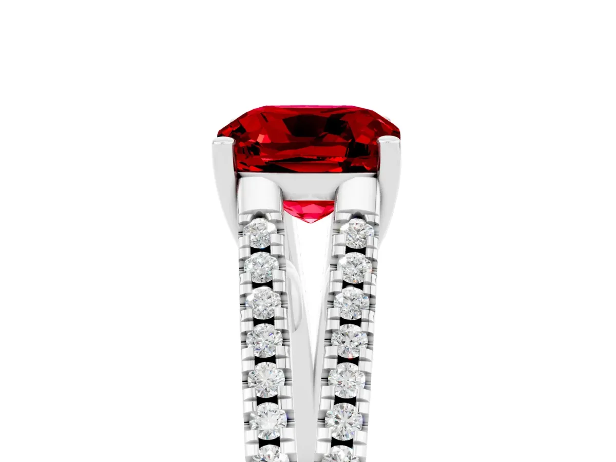 Cushion Cut Ruby Solitaire Engagement Ring with Split Shank Pavé Band Silver