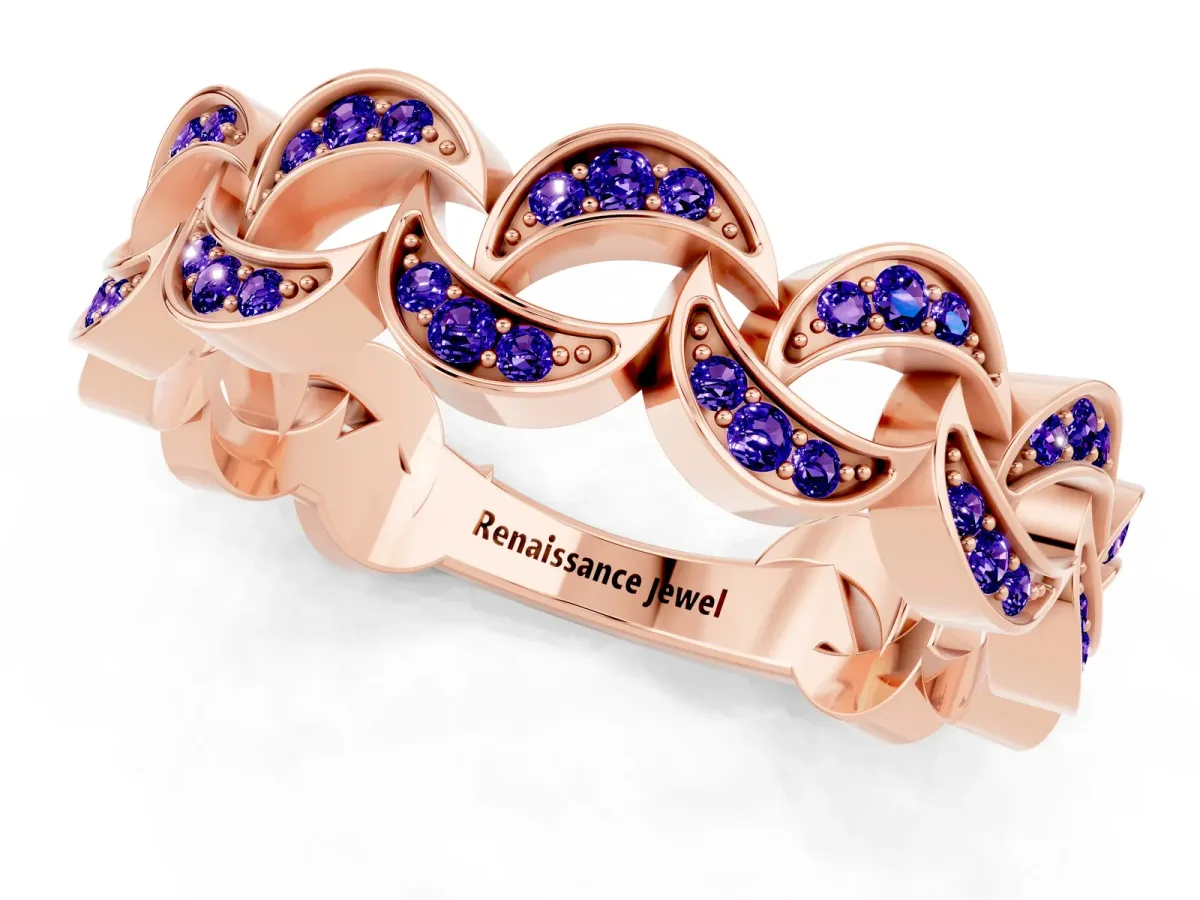 Pavé Round Tanzanite Interlocking Eternity Band with Bezel Prong Setting Rose gold